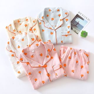 Somnus - Pajama Set: Orange Print Shirt + Pants | YesStyle