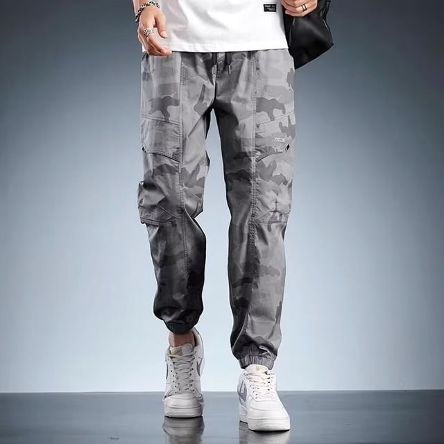Blueforce-Drawstring Waist Camo Print Tapered Cargo Pants