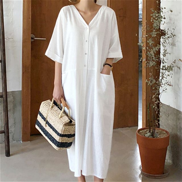 chinese dress ladies 100% Linen Tailored Lapel 3/4 Sleeve Midi Shirt Dress Mercedes, Mustard Green / XXL main image 0