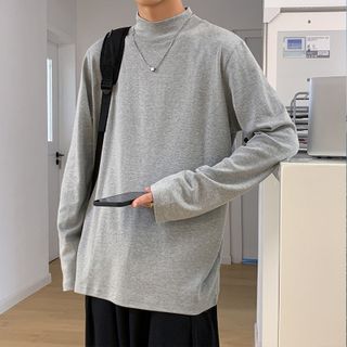 Fushet - Long-Sleeve Mock Neck Plain T-Shirt | YesStyle