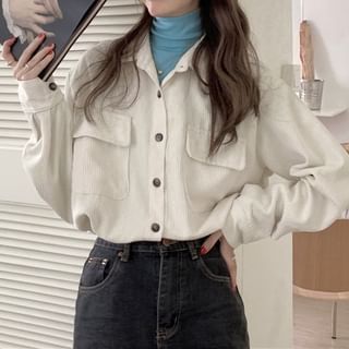 ANORA-Long Sleeve Collared Plain Corduroy Button Down Shirt