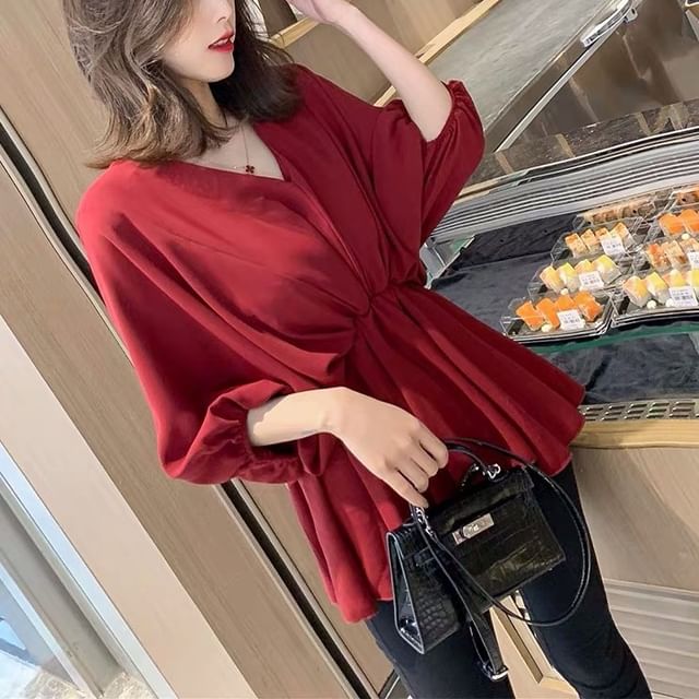 Happo-Puff-Sleeve V-Neck Plain Peplum Blouse