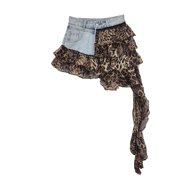 SPUCIKLEI-High Rise Leopard Print Panel Mini A-Line Layered Denim Skirt
