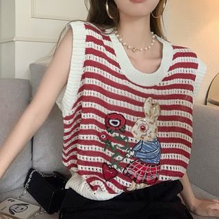 monroll Striped Rabbit Embroidered Pointelle Knit Sweater Vest Sale