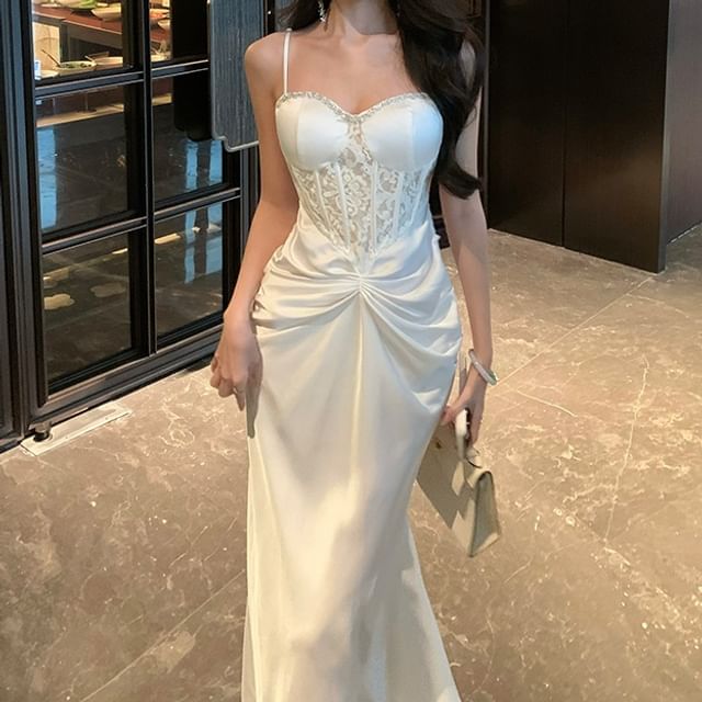 JIYON-Spaghetti Strap Plain Maxi Sheath Dress