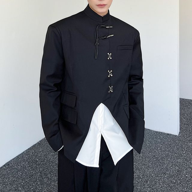 Patow-Band Collar Plain Buckled Jacket