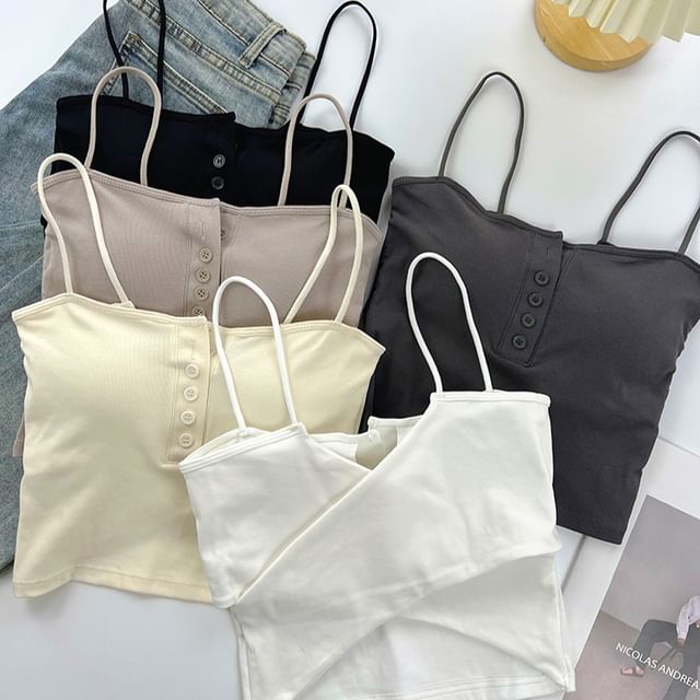 DIYI-Spaghetti Strap Henley Plain Cropped Camisole Top