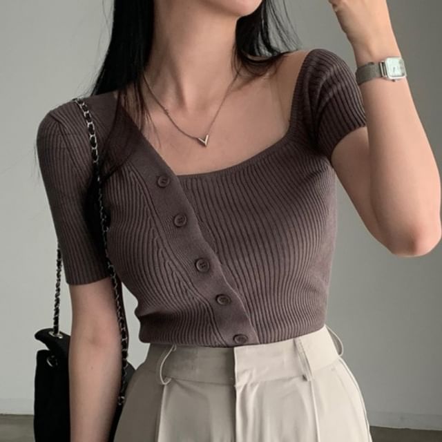 MIKIGA-Short-Sleeve Asymmetrical Neck Plain Ribbed Buttoned Knit Top