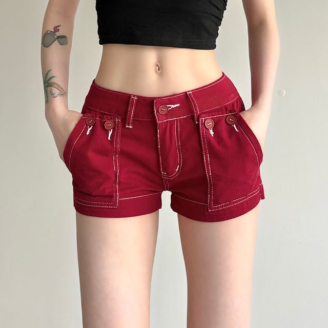 Allinya-Low Rise Contrast Stitched Denim Hot Pants