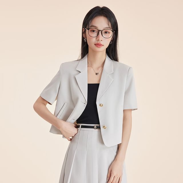 Princess Min-Short-Sleeve Lapel Collar Plain Single Breasted Blazer High Rise Plain Midi Pleated A-Line Skirt