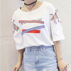 Tiny Times - Cutout-Sleeve Appliqued T-Shirt Tiny Times - Cutout-Sleeve Appliqued T-Shirt