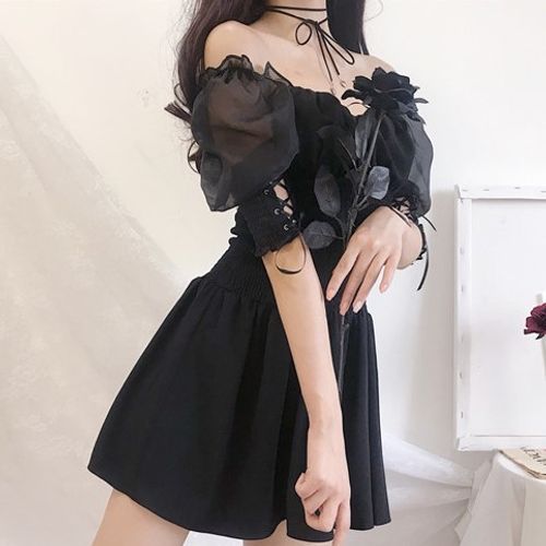 Puff-Sleeve Off-Shoulder Lace Mini A-Line Dress