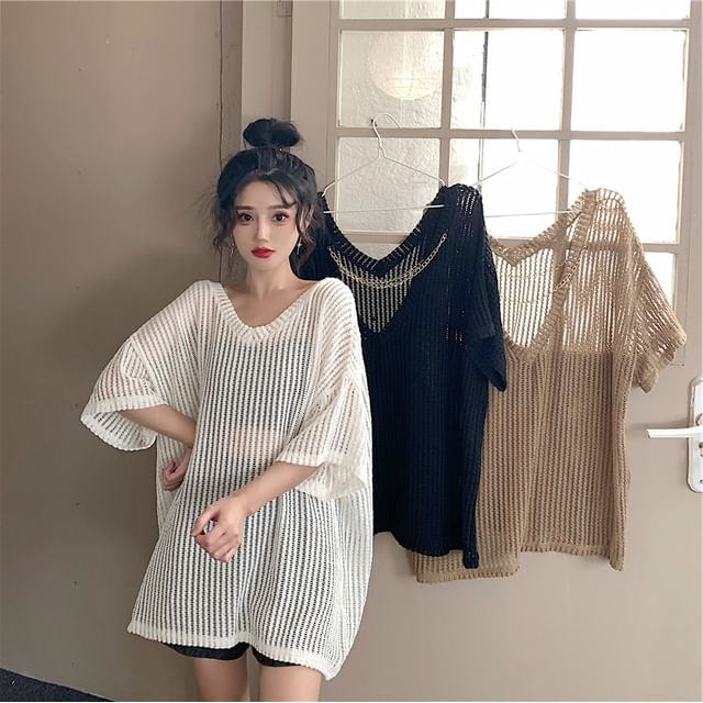 GOUB-Long-Sleeve V-Neck Perforated Plain Knit Top