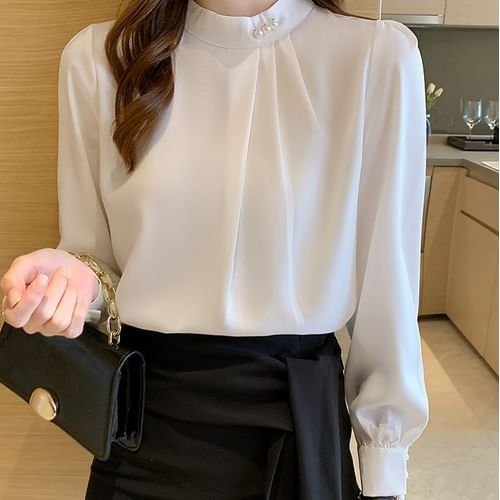 Lace Stand Collar Plain Standard Long Sleeve Blouse