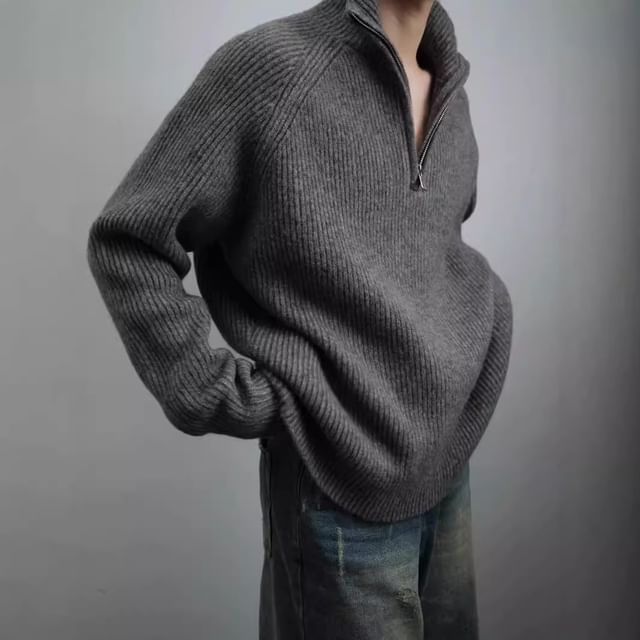 Savenne-Stand Collar Plain Half-Zip Sweater