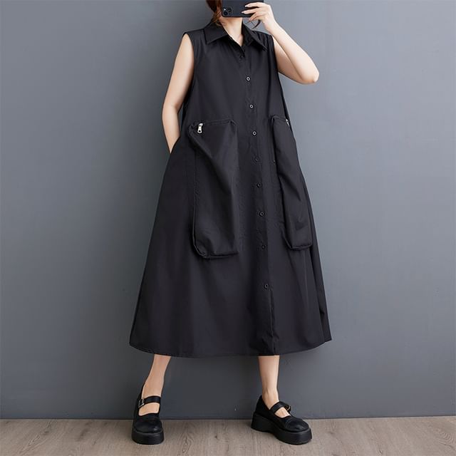 Lewwe-Sleeveless Collared Button Down Midi Shirt Dress