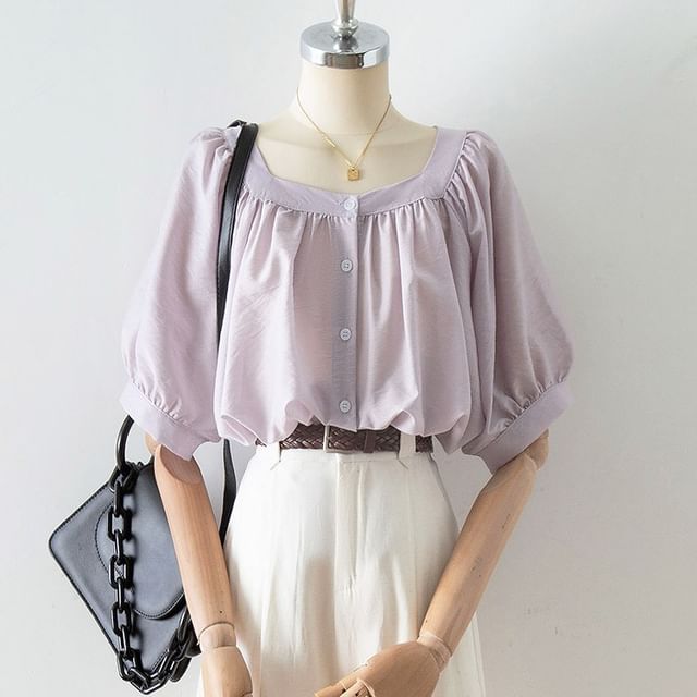 Cossita-Square Neck Puff Sleeve Plain Blouse