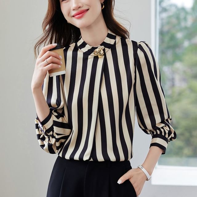 Dragan Pulse-Long-Sleeve Stand Collard Striped Blouse