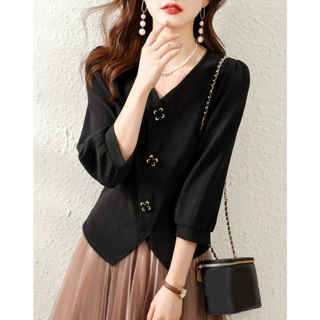 Jeonseon-34-Sleeve V-Neck Button-Up Blouse