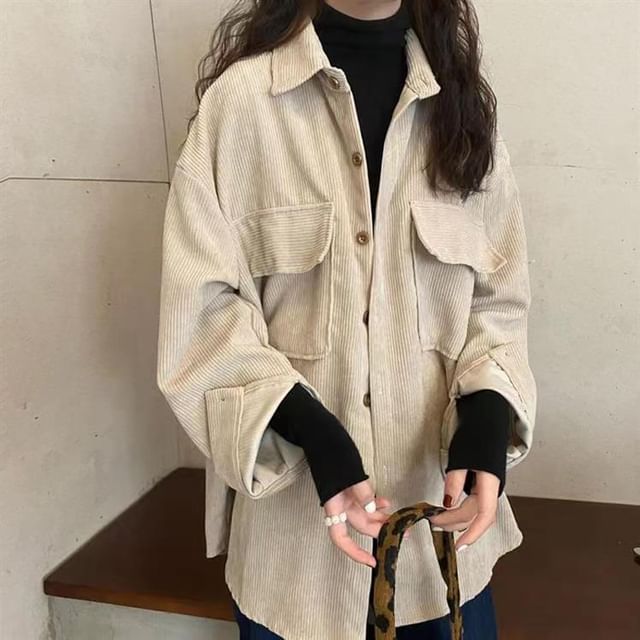 Everose-Plain Corduroy Button-Up Shirt Jacket