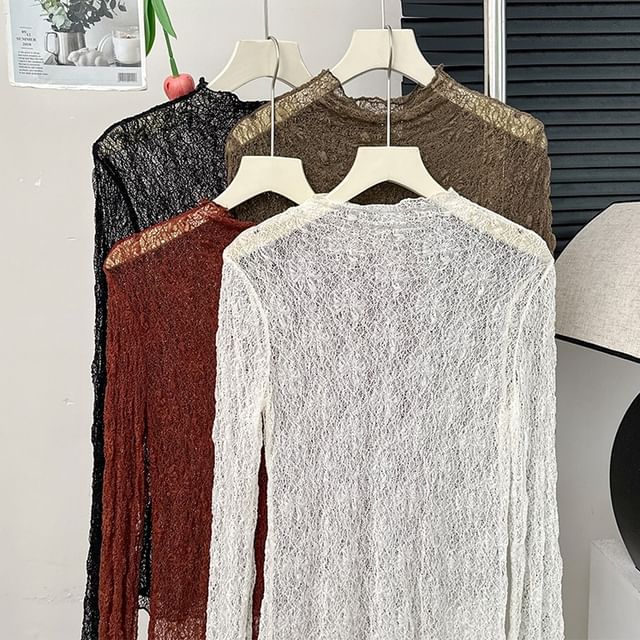 Lemongrass-Mock-Neck Sheer Lace Top