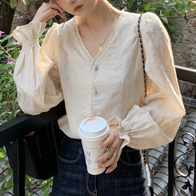 Shinsei-Puff Sleeve V-Neck Plain Blouse