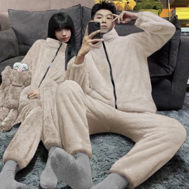 innat pajama jacket、pantsセット Dazzli - Couple Matching Pajama Set: Plain Fleece Zip Jacket +