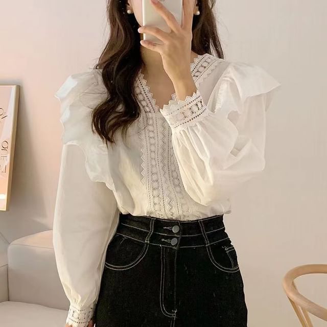 Everose-Long-Sleeve V-Neck Plain Blouse
