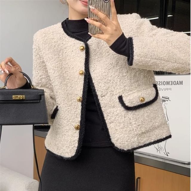 Dovitade-Plain Contrast Trim Single-Breasted Jacket