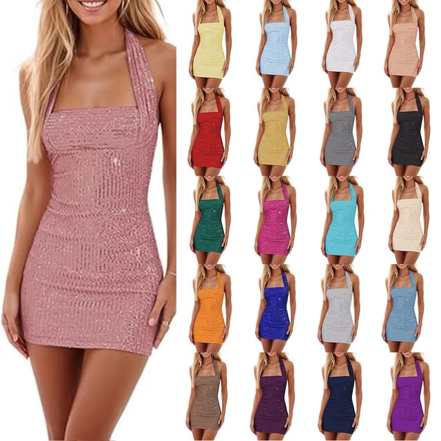 Lexama-Halter Plain Sequin Mini Bodycon Dress