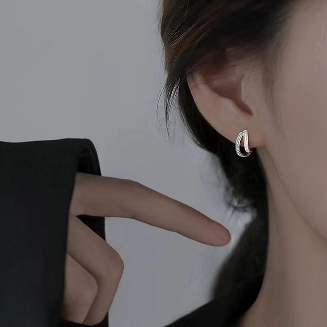 Toinianimos-Rhinestone Layered Sterling Silver Open Hoop Earring