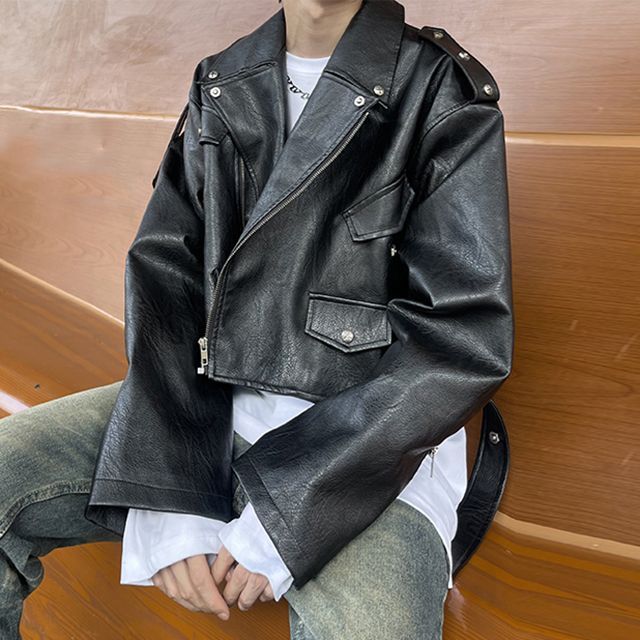 ジャケット・アウター Rosen Kreuz cropped belt leather jacket. ROOSE - Lapel Collar Plain Faux Leather Belted Zip-Up Crop Biker