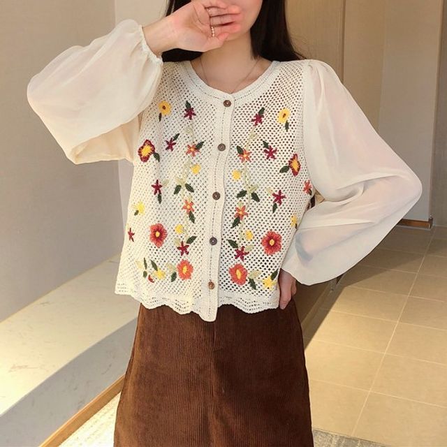 Hazie Floral Jacquard Knit Top YesStyle