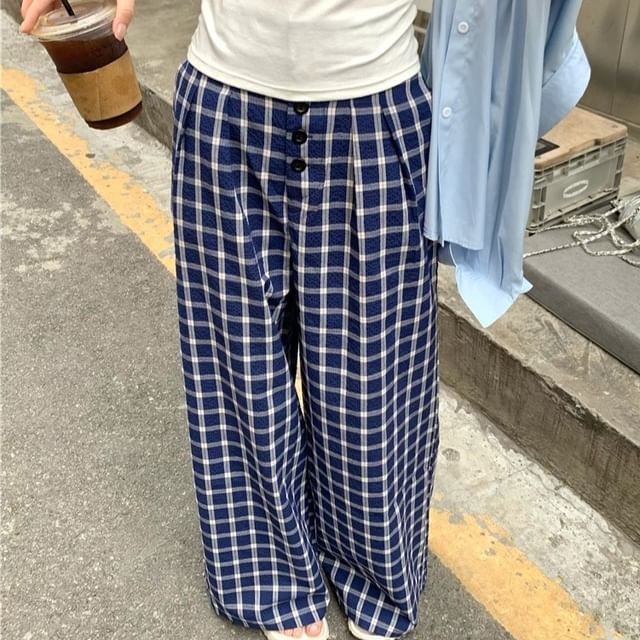 Beem-High Waist Plaid Wide Leg Pants