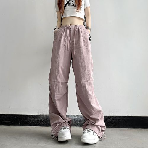 Mid Waist Plain Drawstring Cargo Baggy Pants