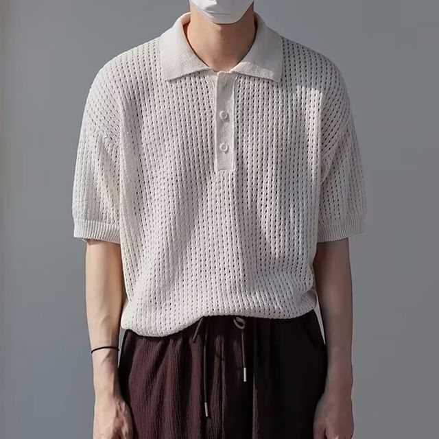 Sinlarity-Elbow-Sleeve Plain Perforated Knit Polo Shirt