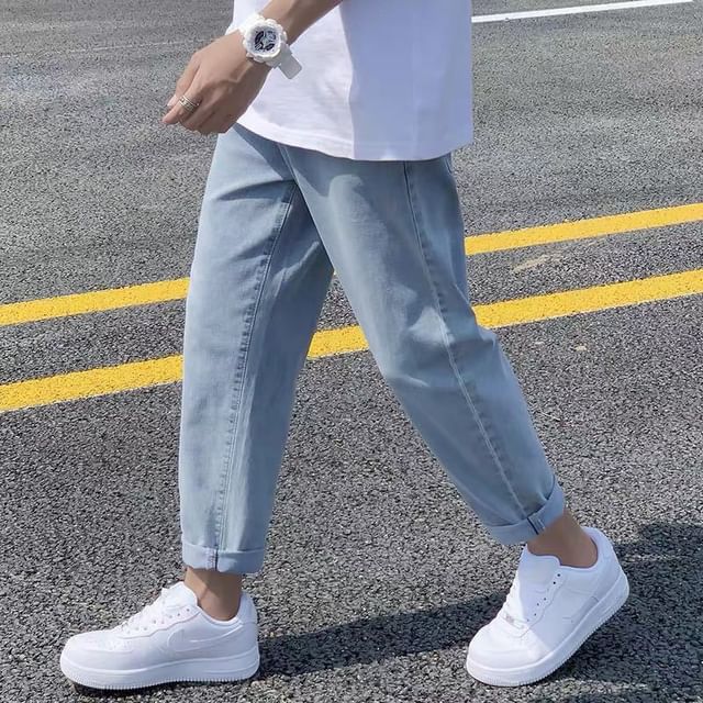 Sinlarity-Drawstring Waist Washed Cropped Tapered Jeans