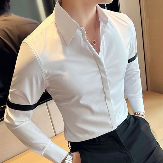 Lefitt-Long-Sleeve Plain Buckled Button-Up Shirt