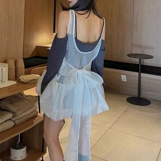 Essere Sleeveless Scoop Neck Plain Tie Back Mesh Mini A-Line Balloon Dress Sale