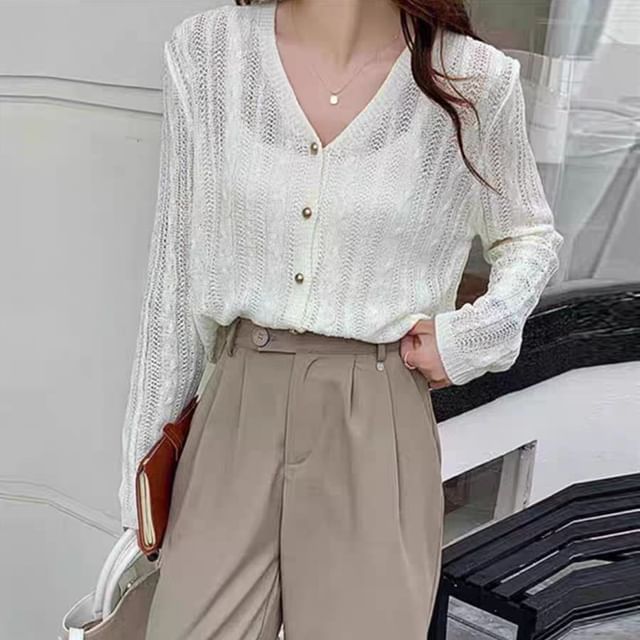 INEN-V-Neck Perforated Button-Up Plain Cable Knit Crop Cardigan
