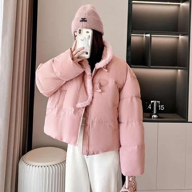 Sienne-Stand Collar Plain Fluffy Trim Zip Puffer Jacket