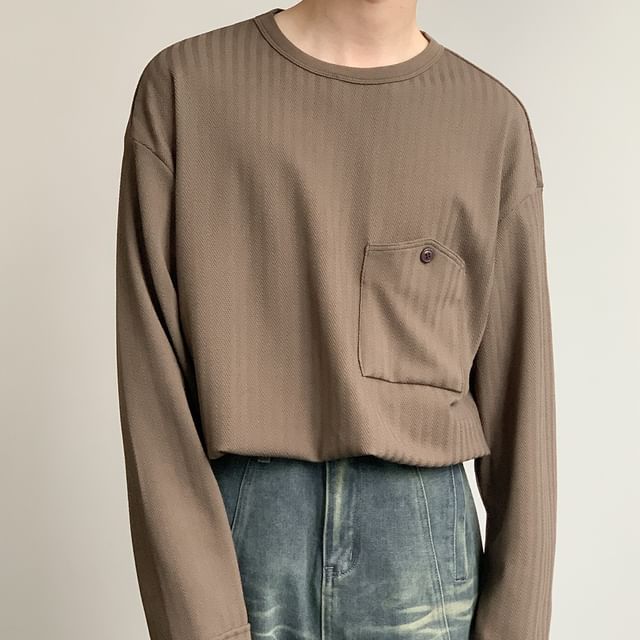 DAZO Studios-Long Sleeve Round Neck Plain Pocket T-Shirt