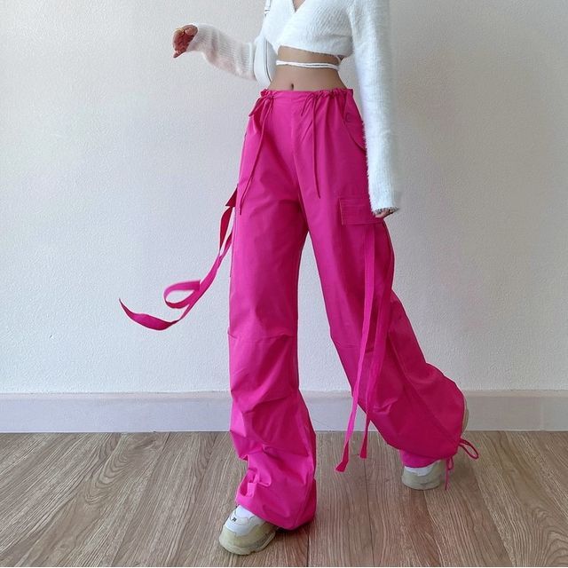 LIVIE-Drawstring Waist Plain Wide Leg Cargo Pants