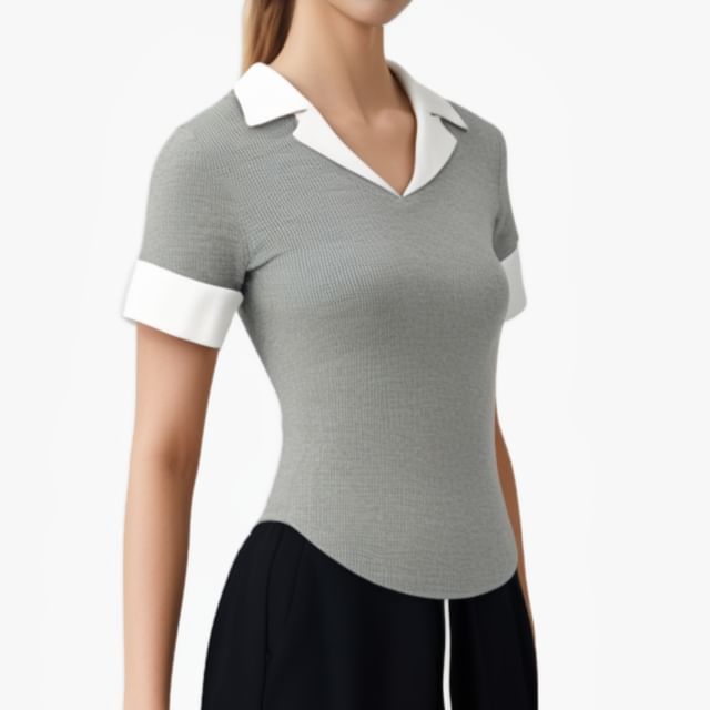 Asiris-Mock Two-Piece Short-Sleeve Lapel Collar Two Tone Crop Tee