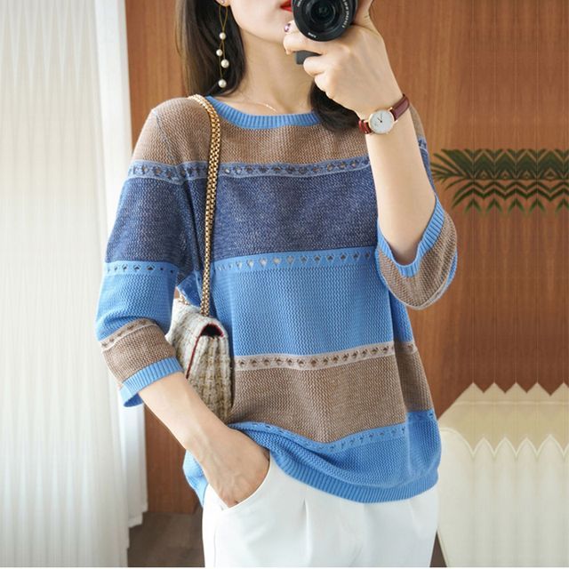 Everose-34-Sleeve Crew Neck Striped Knit Top