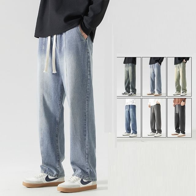 Lefitt-Drawstring Waist Washed Wide Leg Jeans