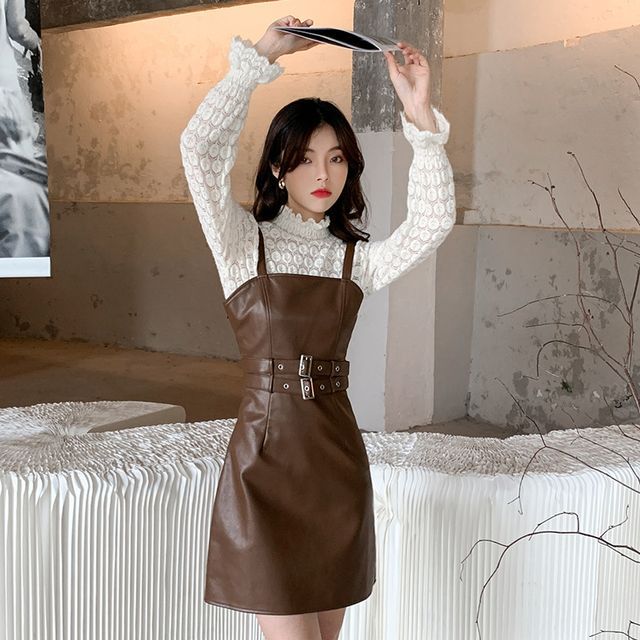 knee length dresses for ladies Women High Quality Faux Leather Office Lady A-line Dresses – HER SHOP main image 0