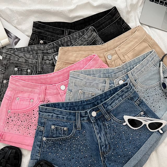 Babique High Waist Rhinestone Accent Washed Roll-Up Hem Denim