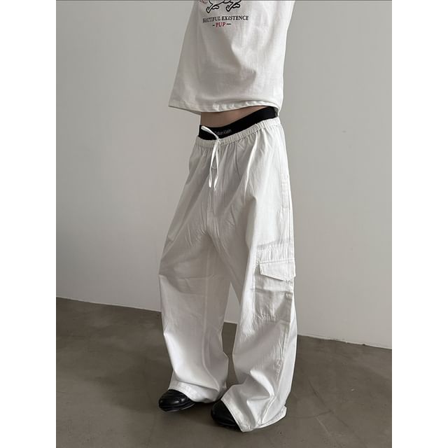 Nahagin-Drawstring Waist Plain Wide Leg Cargo Pants