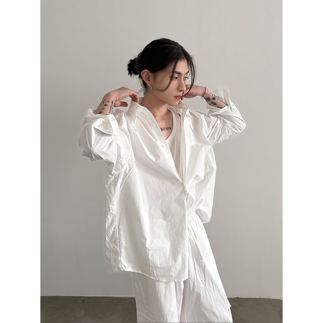 Nahagin-Long-Sleeve Plain Oversized Shirt